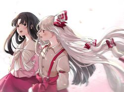 Rule 34 | 2girls, baggy pants, black eyes, black hair, bow, bowtie, collar, commentary request, floating hair, frilled collar, frilled shirt, frills, fujiwara no mokou, gradient background, hair bow, hands in pockets, highres, houraisan kaguya, long hair, long sleeves, mokoiscat, multiple girls, multiple hair bows, nose, open mouth, pants, petals, pink shirt, red eyes, red pants, red skirt, shirt, shirt tucked in, skirt, smile, suspenders, touhou, very long hair, white background, white bow, white bowtie, white collar, white hair