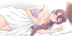 Rule 34 | 1girl, absurdres, areez.ez, bed, blanket, blue eyes, blush, braid, braided ponytail, brown hair, commentary, covering with blanket, double-parted bangs, earrings, eiyuu densetsu, emma millstein, english commentary, highres, holding, holding blanket, jewelry, lying, nightgown, on bed, on side, open mouth, pillow, ponytail, sen no kiseki, smile, solo