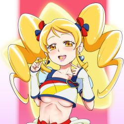Rule 34 | 10s, 1girl, blonde hair, blush, breasts, brooch, candy, cure honey, cure honey (popcorn cheer), earrings, eating, eyelashes, food, hair ornament, hair ribbon, happinesscharge precure!, heart, heart brooch, hone (koppun), jewelry, long hair, looking at viewer, magical girl, midriff, navel, oomori yuuko, open mouth, precure, puffy sleeves, ribbon, shirt, skirt, smile, solo, tongue, tongue out, twintails, underboob, vest, wrist cuffs, yellow eyes