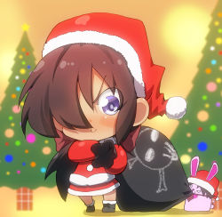 Rule 34 | 1girl, aged down, artist self-insert, bag, black footwear, black hair, blue eyes, bow, christmas, christmas tree, closed mouth, commentary, dark-skinned female, dark skin, dress, full body, girls und panzer, hair bow, hair over one eye, hat, highres, holding, holding bag, jinguu (4839ms), long hair, long sleeves, looking at viewer, ogin (girls und panzer), over shoulder, ponytail, rabbit, red bow, red dress, santa dress, santa hat, shadow, shoes, smile, solo, standing, v-shaped eyebrows