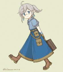 Rule 34 | 1girl, ahoge, aoi umetaro, arms behind back, bell-bottoms, belt pouch, blue eyes, blue pants, blue shirt, boots, briefcase, brown footwear, brown gloves, closed mouth, collared shirt, dated, dress shirt, earrings, elf, elf to shuryoushi no item koubou, from side, full body, glasses, gloves, grey hair, highres, holding, holding briefcase, jewelry, looking at viewer, looking to the side, magritte (elf to shuryoushi no item koubou), pants, pocket, pointy ears, ponytail, pouch, puffy short sleeves, puffy sleeves, ribbon-trimmed pants, shirt, shirt tucked in, short sleeves, sidelocks, simple background, smile, solo, swept bangs, twitter username