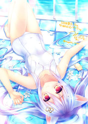 Rule 34 | 1girl, animal ears, barefoot, blue hair, blush, breasts, cat ears, closed mouth, collarbone, commentary request, covered navel, flower, hair between eyes, hair ornament, heart, heart hair ornament, inagaki miiko, knees up, light blue hair, looking at viewer, lying, on back, on floor, one-piece swimsuit, original, pool, pool ladder, red eyes, school swimsuit, sidelocks, signature, small breasts, smile, solo, stuffed animal, stuffed cat, stuffed toy, swimsuit, tile floor, tiles, twintails, twitter username, water, white one-piece swimsuit, white school swimsuit