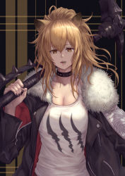 Rule 34 | 1girl, absurdres, animal ears, arknights, black choker, black jacket, black nails, breasts, brown eyes, brown hair, candy, choker, cleavage, commentary request, food, food in mouth, fur-trimmed jacket, fur trim, hair between eyes, hammer, hand up, highres, holding, holding hammer, holding weapon, jacket, lion ears, lollipop, long hair, looking at viewer, nail polish, open clothes, open jacket, open mouth, over shoulder, partial commentary, siege (arknights), solo, tank top, upper body, weapon, weapon over shoulder, white tank top, yasu (segawahiroyasu)