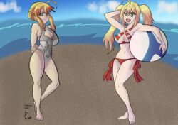 2girls alternate_costume artoria_pendragon_(all) artoria_pendragon_(fate) artoria_pendragon_(swimsuit_ruler)_(fate) artoria_pendragon_(swimsuit_ruler)_(second_ascension)_(fate) bikini blonde_hair fate/grand_order fate_(series) multiple_girls nero_claudius_(fate) nero_claudius_(fate)_(all) official_alternate_costume swimsuit