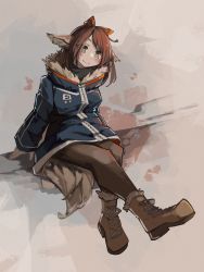 Rule 34 | 1girl, absurdres, adapted costume, animal ears, arknights, autumn, black pantyhose, blue jacket, blush, boots, bow, breasts, brown eyes, brown footwear, brown hair, fox ears, fox girl, fox tail, fur-trimmed boots, fur trim, grey background, hair bow, highres, invisible chair, jacket, long hair, long sleeves, looking at viewer, orange bow, pantyhose, perfumer (arknights), simple background, sitting, small breasts, smile, solo, tail, togekk0