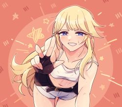 Rule 34 | 1girl, b0ngyu, bare shoulders, belt, blonde hair, blue eyes, casual, collarbone, commentary request, final fantasy, final fantasy xiv, fingerless gloves, gloves, highres, long hair, lyse hext, midriff, navel, outstretched hand, shirt, shorts, sleeveless, sleeveless shirt, solo, spaghetti strap, star (symbol), strap slip, sweat, w, white shirt, white shorts