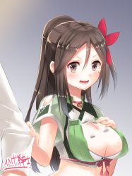 Rule 34 | 10s, 1girl, amagi (kancolle), blush, breasts, brown eyes, brown hair, cleavage cutout, clothing cutout, hair between eyes, hand on own chest, higeno shinshi, kantai collection, large breasts, looking at another, midriff, mole, mole under eye, open mouth, pulling, serious, simple background, solo, tears, upper body