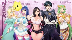 Rule 34 | 10s, 1990s (style), 5girls, alternate hair length, alternate hairstyle, artist name, bare shoulders, bayonetta, bayonetta (series), bayonetta 2, black hair, blonde hair, blue hair, blunt bangs, bracelet, breasts, candy, character name, choker, cleavage, crossover, dress, earrings, elbow gloves, eyelashes, final fantasy, final fantasy vii, fingerless gloves, food, glasses, gloves, green eyes, green hair, hair over one eye, height difference, highres, jewelry, kid icarus, kid icarus uprising, large breasts, licking, lips, lollipop, long hair, looking at viewer, luma (mario), mario (series), mole, mole under mouth, multicolored hair, multiple crossover, multiple girls, navel, nintendo, open mouth, palutena, panty &amp; stocking with garterbelt, pink hair, retro artstyle, rosalina, short hair, skindentation, smile, standing, stocking (psg), striped clothes, striped legwear, striped thighhighs, super mario bros. 1, super mario galaxy, suspenders, thighhighs, tifa lockhart, tongue, tongue out, two-tone hair, upper body, very long hair, wand, watermark, web address, x-t3al, zettai ryouiki