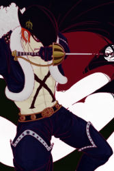 Rule 34 | 1boy, belt, black gloves, boots, cape, domino mask, fighting stance, fur trim, gloves, hat, hat over one eye, high boots, jacket, male focus, mask, muscular, one piece, open clothes, open jacket, open shirt, orange hair, rapier, red eyes, shirt, simple background, solo, sword, tattoo, thigh boots, thighhighs, weapon, white background, x (symbol), x drake