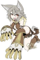 Rule 34 | 10s, 1girl, 2016, :3, :d, all fours, animal ears, ankle boots, artist name, blush, boots, breasts, brown footwear, butt crack, cat ears, claws, collar, dated, erune, eyebrows, fang, flying sweatdrops, granblue fantasy, grey hair, hair between eyes, head tilt, highres, hood, looking at viewer, medium breasts, open mouth, orange eyes, sen (granblue fantasy), signature, simple background, smile, solo, sweatdrop, white background, yoshida hideyuki