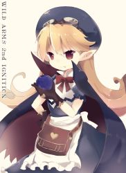 Rule 34 | 1girl, apron, bag, blonde hair, blue hat, bow, cape, commentary request, curly hair, dress, fang, gloves, goggles, goggles on head, hat, highres, long hair, marivel armitage, pointy ears, red eyes, ribbon, smile, solo, vampire, wild arms, wild arms 2