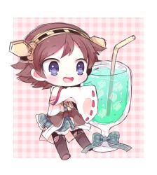 Rule 34 | 10s, 1girl, bad id, bad pixiv id, blue eyes, brown hair, cup, drink, drinking glass, drinking straw, glass, hairband, hiei (kancolle), japanese clothes, kantai collection, kyou (nekoneko), nontraditional miko, open mouth, pantyhose, short hair, skirt, smile, solo, thighhighs