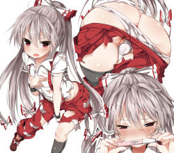 Rule 34 | 1girl, ass, blush, bow, covering privates, covering breasts, fang, fujiwara no mokou, greatmosu, hair bow, highres, long hair, multiple views, open mouth, panties, pants, pregnancy test, red eyes, silver hair, simple background, solo, suspenders, torn clothes, touhou, underwear, very long hair, white panties