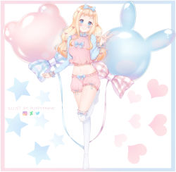Rule 34 | 1girl, artist name, balloon, blonde hair, blue bow, blue eyes, blush, bow, breasts, commentary, commission, english commentary, full body, hair bow, hair ribbon, heart, highres, instagram logo, kneehighs, long hair, long sleeves, looking at viewer, medium breasts, navel, original, pink shorts, puppypaww, red bow, red ribbon, revision, ribbon, shorts, smile, socks, solo, standing, star (symbol), star in eye, symbol in eye, twitter logo, v, white socks