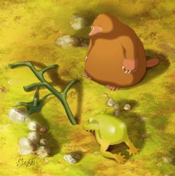 Rule 34 | 2others, claws, commentary request, crying, day, dutch angle, frog, from above, grass, hachiya shohei, highres, looking at object, mole, multiple others, nature, original, outdoors, personification, tail