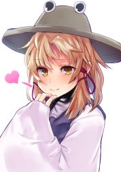 Rule 34 | 1girl, asuzemu, bad id, bad nicoseiga id, blonde hair, closed mouth, grey hat, hair ribbon, hand on own chin, hat, heart, lips, long sleeves, looking at viewer, medium hair, moriya suwako, red ribbon, ribbon, simple background, smile, solo, touhou, tress ribbon, upper body, vest, white background, wide sleeves, yellow eyes