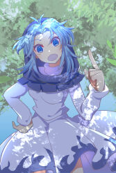 Rule 34 | 1girl, :d, blue eyes, blue hair, blue sky, cowboy shot, dress, hand on own hip, highres, index finger raised, kesa, kumoi ichirin, long sleeves, looking at viewer, nayozane (worker7), open mouth, outdoors, shadow, sky, smile, solo, touhou, tree, white dress, wind, wind lift