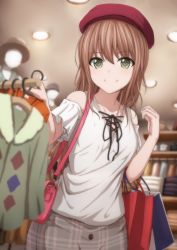 Rule 34 | 1girl, bad id, bad twitter id, bag, bang dream!, beret, blurry, blurry background, brown hair, brown hat, clothes, clothes hanger, clothes rack, clothing cutout, collarbone, cross-laced clothes, green eyes, grey skirt, hand up, hat, highres, imai lisa, indoors, long hair, looking at viewer, mannequin, narafume, plaid, plaid skirt, red hat, shirt, shopping, shopping bag, short sleeves, shoulder bag, shoulder cutout, skirt, smile, solo, white shirt