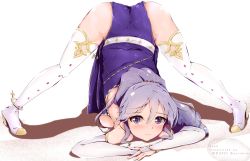 Rule 34 | 1girl, absurdres, anklet, arched back, ass, bad id, bad twitter id, blush, boots, bracelet, bridal gauntlets, commission, commissioner upload, earrings, fire emblem, fire emblem: genealogy of the holy war, fire emblem heroes, flexible, highres, ishtar (fire emblem), jack-o&#039; challenge, jewelry, looking at viewer, nintendo, purple eyes, purple hair, simple background, solo, spread legs, thigh boots, thighhighs, twitter username, white background, wide spread legs, yuzukiaz