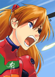 Rule 34 | &gt;:o, 00s, 10s, 1girl, :o, angry, blue eyes, bodysuit, brown hair, cockpit, dated, evangelion: 2.0 you can (not) advance, evangelion: 3.0 you can (not) redo, eyepatch, fang, from side, hair between eyes, headgear, long hair, looking to the side, neon genesis evangelion, open mouth, parted bangs, pilot suit, plugsuit, polarityplus, rebuild of evangelion, shouting, signature, solo, souryuu asuka langley, tape, tongue, upper body, v-shaped eyebrows, window