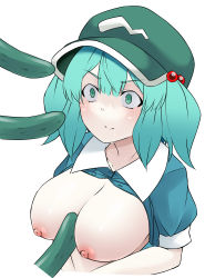 Rule 34 | 1girl, absurdres, blue eyes, blue hair, blush, breasts, cleavage, closed mouth, constricted pupils, cucumber, drooling, green hat, hair bobbles, hair ornament, hat, highres, kagiyama shachou, kawashiro nitori, large breasts, looking away, nipples, sexually suggestive, short hair, short sleeves, short twintails, simulated paizuri, solo, touhou, twintails, upper body