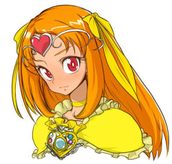Rule 34 | 10s, 1girl, bad id, bad pixiv id, bow, brooch, choker, circlet, cure muse, cure muse (yellow), eyelashes, frills, hair ribbon, heart, jewelry, long hair, magical girl, orange hair, portrait, precure, red eyes, ribbon, shirabe ako, simple background, smile, solo, spacezin, suite precure, upper body, white background, yellow bow