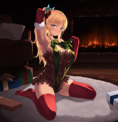 Rule 34 | 1girl, arm up, armpits, bare shoulders, bell, blonde hair, blue eyes, boku wa tomodachi ga sukunai, bow, box, breasts, butterfly hair ornament, cait aron, carpet, christmas, commentary, couch, elbow gloves, english commentary, fire, fireplace, full body, fur-trimmed gloves, fur trim, gift, gift box, gloves, green ribbon, hair bell, hair bow, hair ornament, highres, indoors, jingle bell, kashiwazaki sena, large breasts, long hair, looking at viewer, pillow, ponytail, red bow, red gloves, red thighhighs, ribbon, sitting, solo, thighhighs, wariza
