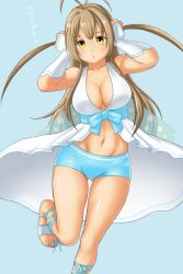 Rule 34 | 1girl, amagi brilliant park, ankle lace-up, blush, breasts, brown eyes, brown hair, cleavage, cosplay, cross-laced footwear, female focus, finalcake, highres, large breasts, long hair, looking at viewer, midriff, navel, open mouth, sandals, sento isuzu, shorts, simple background, solo, standing, standing on one leg, sylphy (amaburi), sylphy (amaburi) (cosplay), two side up