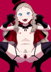 Rule 34 | !, !!, 1girl, anus, black gloves, blonde hair, blood, blue eyes, cape, censored, clitoris, costume, dilation belt, english text, fangs, female focus, flat chest, gloves, halloween, hat, highres, labia clamps, looking at viewer, navel, open mouth, original, pointless censoring, pussy, shiny skin, simple background, solo, spread pussy, squatting, takatou sora, vampire
