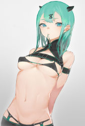 Rule 34 | 1girl, aqua hair, arm belt, arms behind back, bad id, bad twitter id, bare shoulders, belt, bra, breasts, cowboy shot, garter straps, green eyes, green hair, grey background, groin, hair ornament, highres, horns, light blush, lingerie, long hair, looking at viewer, medium breasts, mouth hold, navel, original, panties, pomesaurus, shrug (clothing), small breasts, solo, thighhighs, underboob, underwear