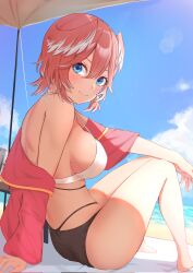 Rule 34 | 1girl, alternate costume, arm support, bare shoulders, barefoot, beer can, bikini, blue eyes, breasts, can, closed mouth, cloud, cloudy sky, double-parted bangs, drink can, from side, full body, hair between eyes, head wings, highres, hololive, jacket, knees together feet apart, knees up, large breasts, legs, looking at viewer, medium hair, multicolored hair, namakatsu, outdoors, pink hair, pink jacket, sideboob, sitting, skindentation, sky, smile, solo, sparkle, streaked hair, swimsuit, takane lui, thighs, virtual youtuber, white hair, wings