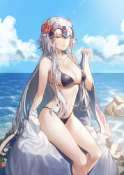 Rule 34 | 1girl, absurdres, beach, bikini, black bikini, breasts, day, fate/grand order, fate (series), flower, grin, hair flower, hair ornament, headpiece, highres, jeanne d&#039;arc (fate), jeanne d&#039;arc alter (avenger) (fate), jeanne d&#039;arc alter (fate), large breasts, long hair, looking at viewer, navel, off shoulder, outdoors, parted lips, sidelocks, silver hair, sitting, smile, solo, ssuel, stomach, swimsuit, thighs, tsurime, yellow eyes