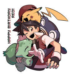 Rule 34 | 1boy, ;d, blush, brown eyes, bulbasaur, character name, clothed pokemon, commentary request, creatures (company), fingerless gloves, game freak, gen 1 pokemon, gloves, happy, happy birthday, hat, highres, jacket, korean commentary, male focus, nintendo, one eye closed, open mouth, pikachu, pokemon, pokemon (creature), pokemon adventures, poliwrath, red (pokemon), red headwear, redlhzz, short hair, short sleeves, simple background, smile, teeth, upper teeth only, white background
