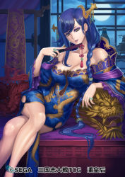 Rule 34 | 1girl, anklet, bare shoulders, blue dress, blue hair, braid, breasts, brown eyes, china dress, chinese clothes, cleavage, dress, eiwa, hand fan, folding fan, hair ornament, indoors, jewelry, long hair, looking at viewer, moon, nail polish, sangokushi taisen, side slit, sitting, very long hair, watermark, window