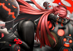 Rule 34 | 1girl, ahoge, all fours, alternate color, ass, ball and chain restraint, barefoot, bodysuit, breasts, candy, spiked halo, creature, food, from side, full body, gloves, guilty gear, guilty gear xrd, guilty gear xrd: revelator, hair between eyes, half-closed eyes, halo, hand on own head, jack-o&#039; valentine, legs together, lollipop, long hair, looking at viewer, medium breasts, minion (guilty gear), pantylines, pink eyes, pink hair, red eyes, red hair, scagyoniku, skin tight, solo, spoilers, teeth, thick eyebrows, thighs, upper teeth only, v-shaped eyebrows, very long hair, wide-eyed