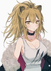 Rule 34 | 1girl, animal ears, arknights, black choker, black coat, blonde hair, blouse, breasts, candy, choker, cleavage, coat, food, fur-trimmed coat, fur trim, highres, large breasts, lion ears, lollipop, long hair, looking at viewer, matsuoka (mtok 0), mouth hold, off shoulder, open clothes, open coat, ponytail, shirt, siege (arknights), simple background, solo, tank top, upper body, white background, white shirt, yellow eyes