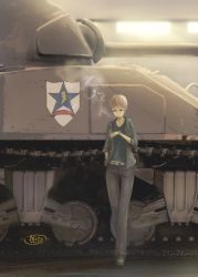 Rule 34 | 10s, 1girl, artist name, belt, black footwear, black jacket, black pants, black shirt, brown eyes, brown hair, casual, cigarette, commentary, emblem, girls und panzer, grey belt, hand in pocket, highres, jacket, looking at watch, looking down, military, military vehicle, motor vehicle, mouth hold, naomi (girls und panzer), nito (nshtntr), open clothes, open jacket, pants, saunders (emblem), sherman firefly, shirt, shoes, short hair, signature, sleeveless, smoke, smoking, solo, sunlight, tank, thigh gap, very short hair, watch, wristwatch