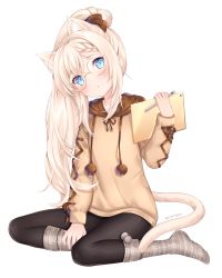 Rule 34 | 1girl, :o, animal ear fluff, animal ears, artist name, black pantyhose, blue eyes, blush, bow, braid, braided bangs, brown bow, brown hoodie, cat ears, cat girl, cat tail, commentary request, drawstring, full body, glasses, grey socks, hair between eyes, hair bow, hand up, head tilt, highres, holding, holding pencil, hood, hood down, hoodie, long hair, long sleeves, looking at viewer, nami (nyaa), no shoes, original, pantyhose, parted lips, pencil, ponytail, puffy long sleeves, puffy sleeves, sidelocks, signature, simple background, sitting, sleeves past wrists, socks, solo, tablet pc, tail, very long hair, white background, white hair, yokozuwari