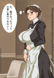 Rule 34 | 00s, 1girl, apron, blush, breasts, brown eyes, brown hair, covered erect nipples, dress, emma, emma (victorian romance emma), glasses, huge breasts, long dress, looking at viewer, maid, maid apron, solo, translated, usatarou, victorian maid, victorian romance emma