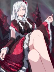 Rule 34 | 1girl, black bow, black bowtie, bow, bowtie, capelet, commentary, crossed legs, demon wings, dress, english commentary, feet out of frame, grey eyes, grey hair, highres, legs, long hair, looking at viewer, multiple wings, nukekip, one side up, parted lips, pixel art, red capelet, red dress, shinki (touhou), sidelocks, sitting, solo, touhou, touhou (pc-98), wings