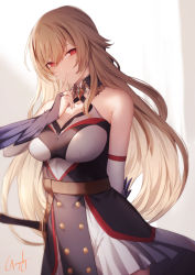 Rule 34 | 1girl, bare shoulders, belt, blonde hair, breasts, bridal gauntlets, brown belt, buttons, closed mouth, double-breasted, dress, finger to mouth, furen e lustario, genyaky, hair between eyes, hand up, highres, index finger raised, large breasts, long hair, looking at viewer, nijisanji, red eyes, shushing, signature, skirt, smile, solo, standing, very long hair, virtual youtuber, white skirt