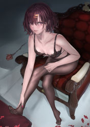 Rule 34 | 1girl, absurdres, bare arms, bare shoulders, black bra, blush, bra, breasts, brown hair, brown pantyhose, closed mouth, commentary, crossed legs, eyes visible through hair, feet, flower, from above, full body, hair ornament, hair over one eye, hairclip, highres, higuchi madoka, idolmaster, idolmaster shiny colors, looking at viewer, medium breasts, mole, mole under eye, nail polish, nikumocchi, no shoes, pantyhose, petals, purple eyes, red flower, red nails, short hair, sitting, solo, symbol-only commentary, underwear