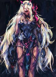 Rule 34 | 1girl, blonde hair, blood, blood on face, barghest (fate), barghest (second ascension) (fate), fate/grand order, fate (series), highres, horror (theme), long hair, open mouth, sharp teeth, smile, t0da, teeth, upper body, very long hair