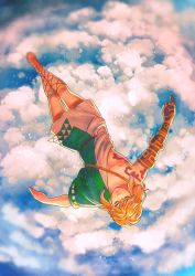 Rule 34 | 1boy, above clouds, archaic set (zelda), asymmetrical sleeves, blonde hair, blue sky, closed mouth, cloud, cloudy sky, commentary, english commentary, fantasy, from above, highres, inktober, link, male focus, mochiwei, nintendo, one eye closed, outdoors, pointy ears, short hair, sky, solo, the legend of zelda, toga