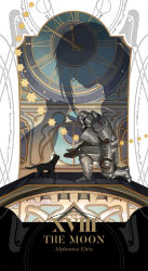 Rule 34 | 1boy, alphonse elric, animal, armor, black cat, cat, character name, clock, different shadow, emmmerald, flamel symbol, full armor, fullmetal alchemist, gloves, highres, kneeling, male focus, outstretched hand, profile, revision, shadow, star (symbol), tarot, tarot (medium), text focus, the moon (tarot)