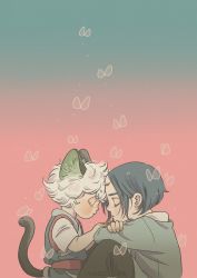 Rule 34 | 2boys, absurdres, aged down, animal ears, aqua background, black hair, black tail, cat boy, cat ears, cat tail, child, closed eyes, forehead-to-forehead, gradient background, grey shirt, heads together, highres, luo xiaohei, luo xiaohei (human), luo xiaohei zhanji, mugi-co, multiple boys, pink background, shirt, short hair, tail, white hair, wuxian (the legend of luoxiaohei)