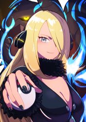 1girl black_coat black_collar blonde_hair breasts chienon cleavage closed_mouth coat collar commentary_request creatures_(company) cynthia_(pokemon) energy eyelashes fur-trimmed_coat fur_collar fur_trim game_freak garchomp gen_4_pokemon glowing glowing_eyes grey_eyes hair_over_one_eye highres holding holding_poke_ball long_hair long_sleeves looking_at_viewer nail_polish nintendo poke_ball poke_ball_(basic) pokemon pokemon_(creature) pokemon_dppt smile