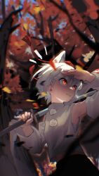 Rule 34 | 1girl, absurdres, animal ears, autumn leaves, black skirt, blast-7, commentary, detached sleeves, forest, hands up, hat, highres, holding, holding sword, holding weapon, inubashiri momiji, nature, notice lines, outdoors, parted lips, pom pom (clothes), red eyes, red hat, sarashi, shirt, short hair, skirt, sleeveless, sleeveless shirt, solo, sword, symbol-only commentary, tokin hat, touhou, tree, upper body, weapon, white hair, white shirt, white sleeves, wolf ears, wolf girl