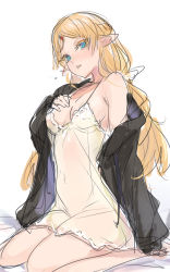 Rule 34 | 1girl, ban! (bansankan), blonde hair, blue eyes, breasts, green eyes, hand on own chest, highres, isekai ojisan, long hair, looking at viewer, off-shoulder jacket, off shoulder, pointy ears, sitting, sketch, sleeves past wrists, small breasts, solo, sui (isekai ojisan), wariza, white background
