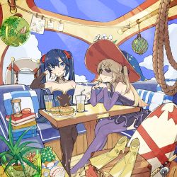 Rule 34 | 2girls, arm support, armpits, bare shoulders, black hair, black pantyhose, blue eyes, blue sky, book, breasts, burger, choker, cleavage, cloud, cloudy sky, collarbone, commentary request, couch, cup, detached sleeves, dress, drinking glass, drinking straw, eyepatch, fischl (genshin impact), fishing rod, food, frilled dress, frills, genshin impact, green eyes, hair between eyes, hair ribbon, head rest, head tilt, high heels, hourglass, interlocked fingers, juice, kyouyasai4423, leaning forward, lifebuoy, light brown hair, long hair, looking at another, medium breasts, mona (genshin impact), multiple girls, pantyhose, paper, pillow, plant, potted plant, purple dress, purple legwear, ribbon, rope, scuba, shell, sidelocks, sitting, sky, smile, strapless, strapless dress, surfboard, swim ring, table, thighhighs, twintails, two side up, window, wooden floor